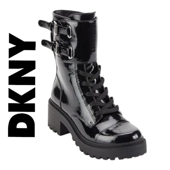 NEW DKNY Womens Bootie Combat Boots Moto Boots Patent Leather Black BART 6.5 - Picture 1 of 16